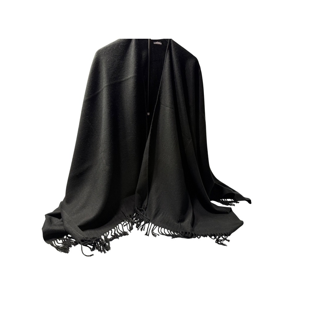 V. Fraas Black Acrylic Fringe Wrap Shawl Open Front Cape One Size